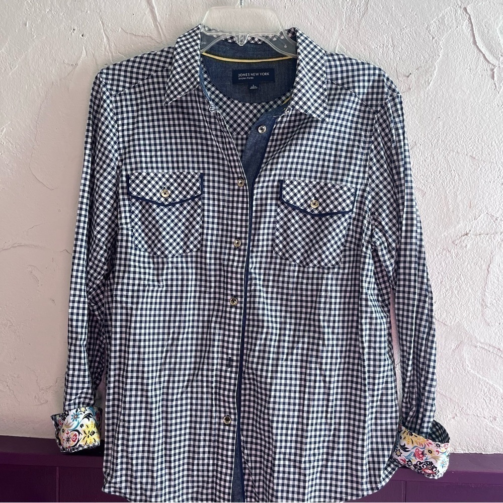 Jones New York Signature Gingham Button Up Shirt Size Large